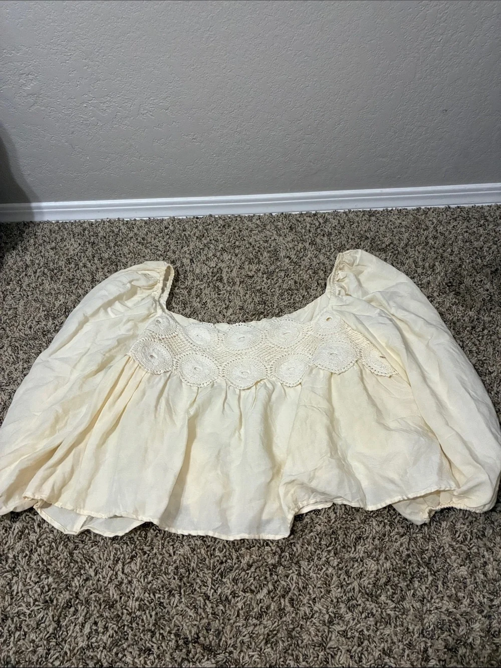 Anthropologie Cream Crochet Yoke Puff Sleeve Top